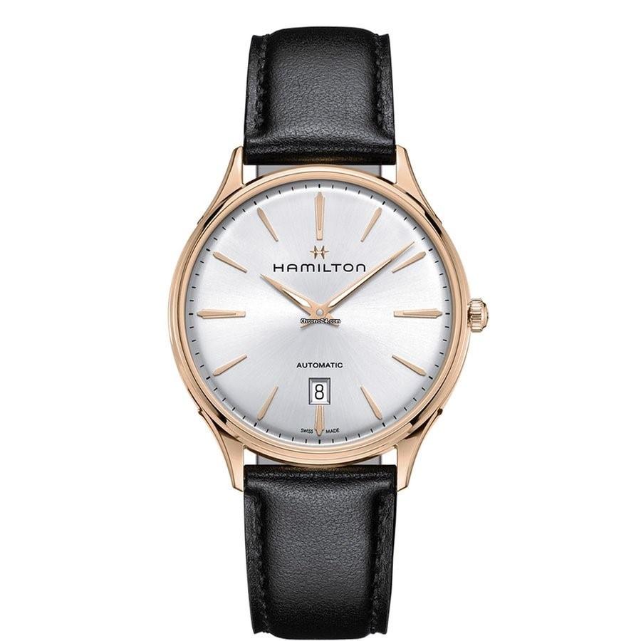 Hamilton Men&#39;s H38545751 Jazzmaster 18kt Rose Gold Automatic Black Leather Watch