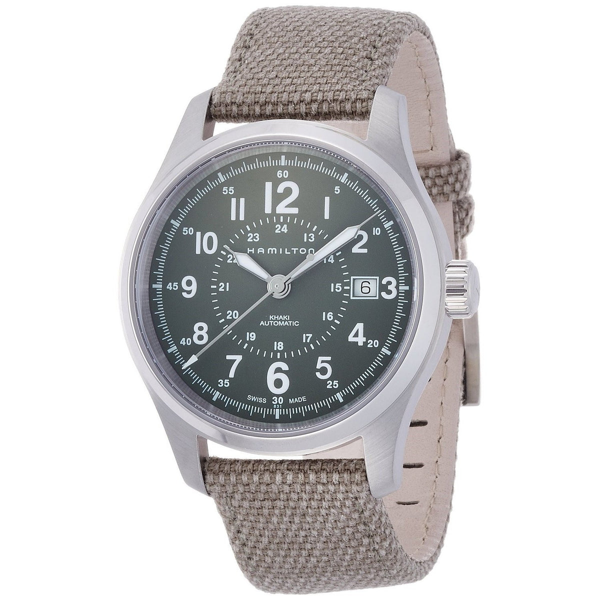 Hamilton Men&#39;s H70595963 Khaki Field Automatic Olive Leather and Nylon Watch