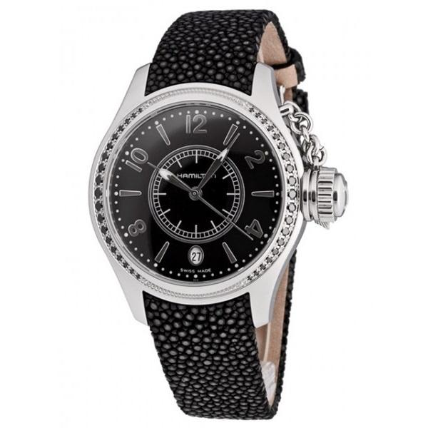 Hamilton Women&#39;s H77351935 Khaki Navy Seaqueen Diamond Black Leather Watch