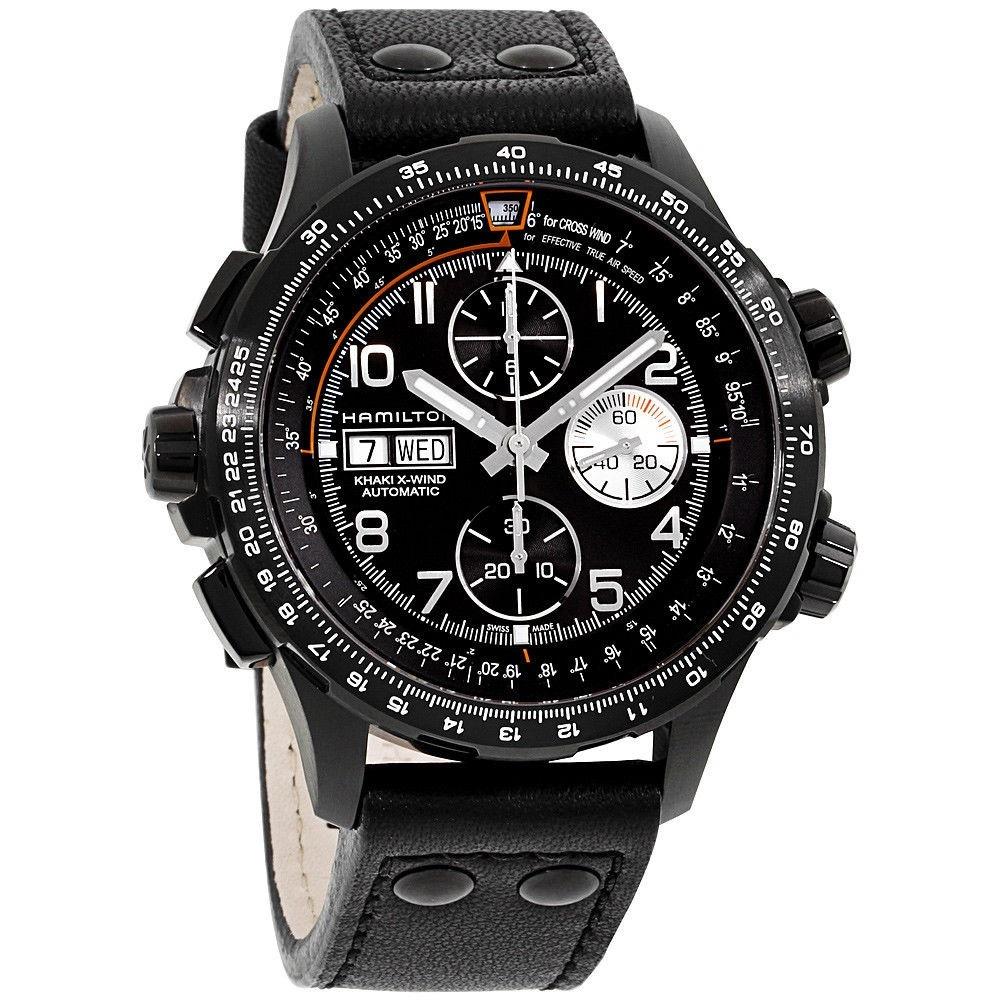 Hamilton Men&#39;s H77736733 Khaki Aviation X-Wind Chronograph Automatic Black Leather Watch