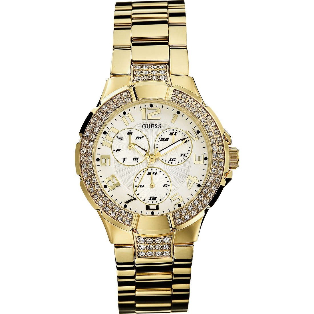 Guess Women&#39;s I16540L1 Prism Multi-Function Crystal Gold-Tone Stainless Steel Watch
