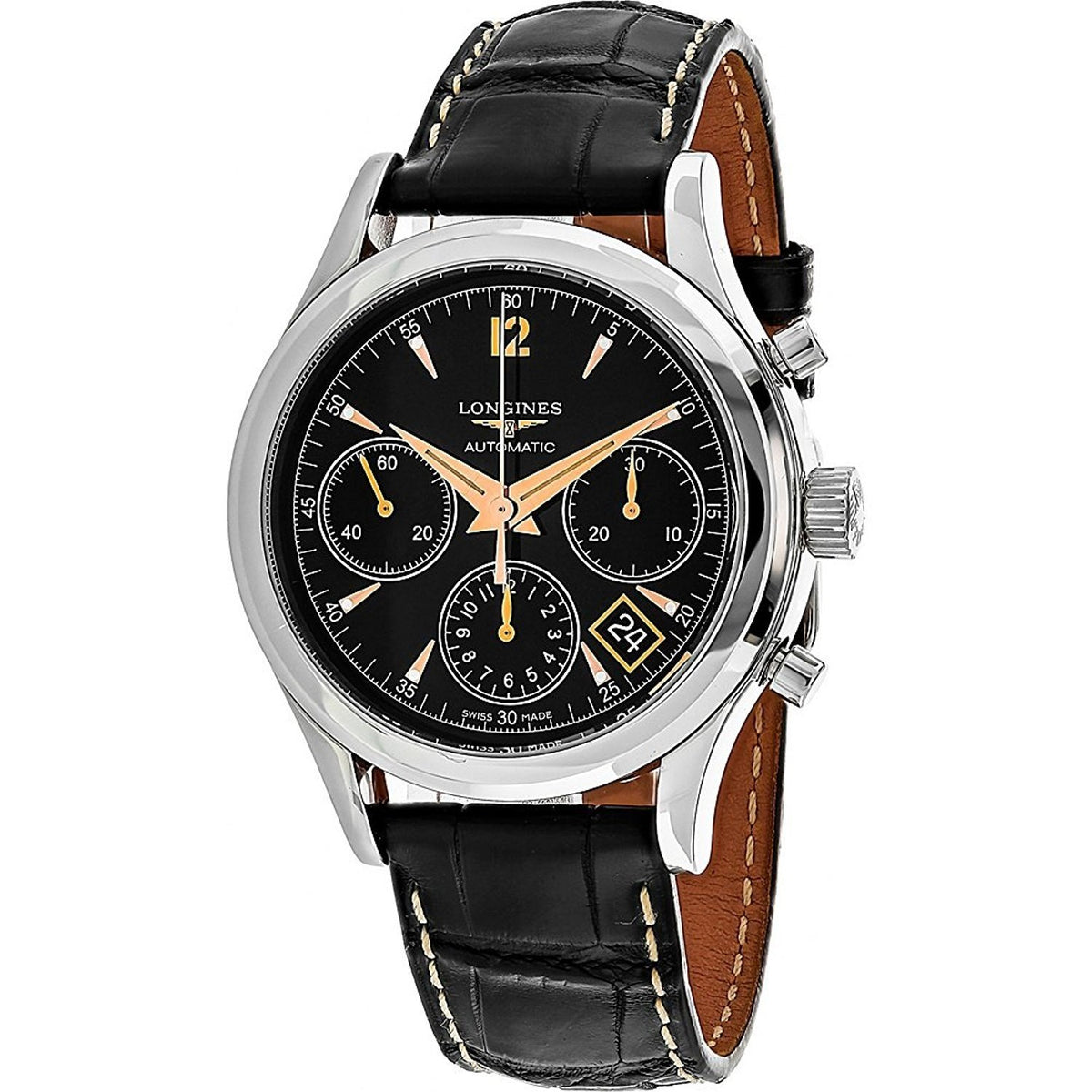 Longines Men&#39;s L27424560 Flagship Heritage Chronograph Automatic Black Leather Watch
