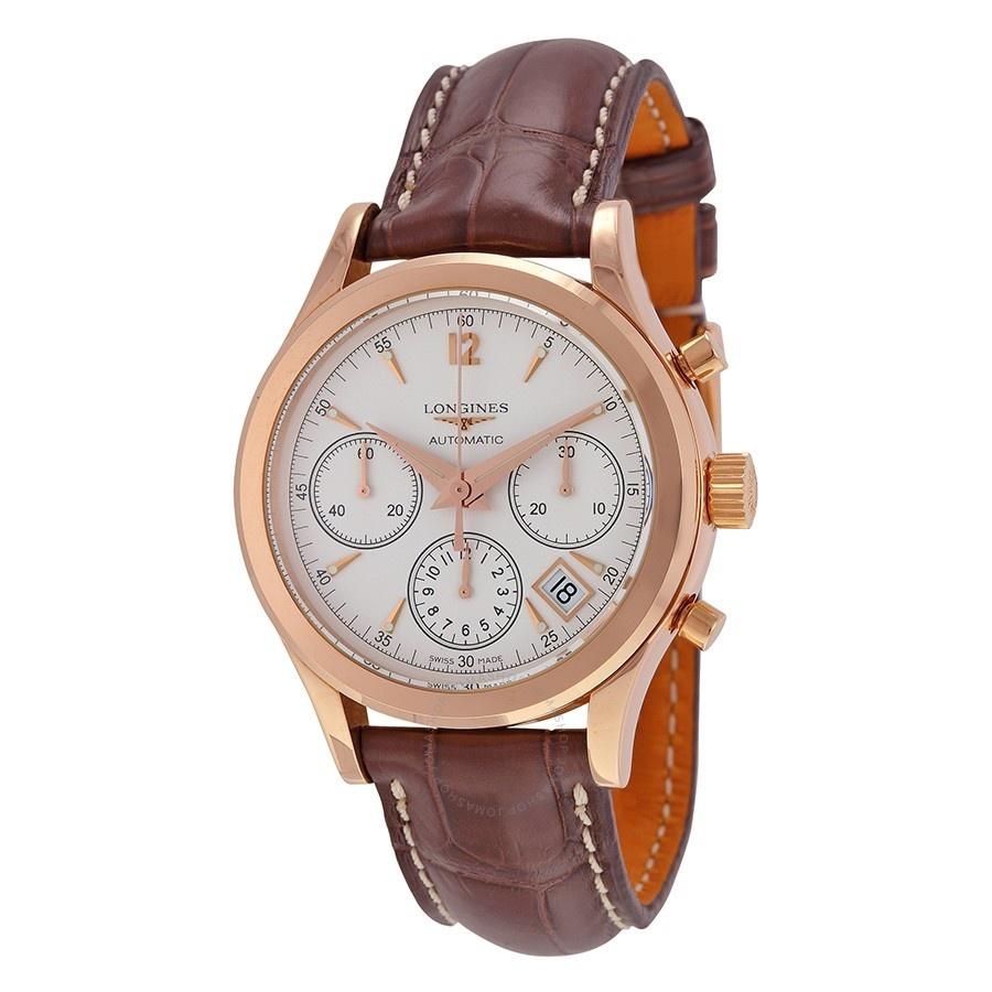 Longines Men&#39;s L27428762 Heritage 18kt Rose Gold Chronograph Automatic Brown Leather Watch