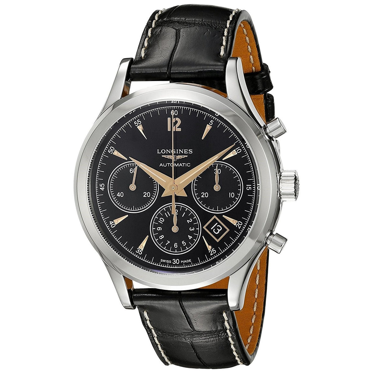 Longines Men&#39;s L27504560 Flagship Heritage Chronograph Automatic Black Leather Watch
