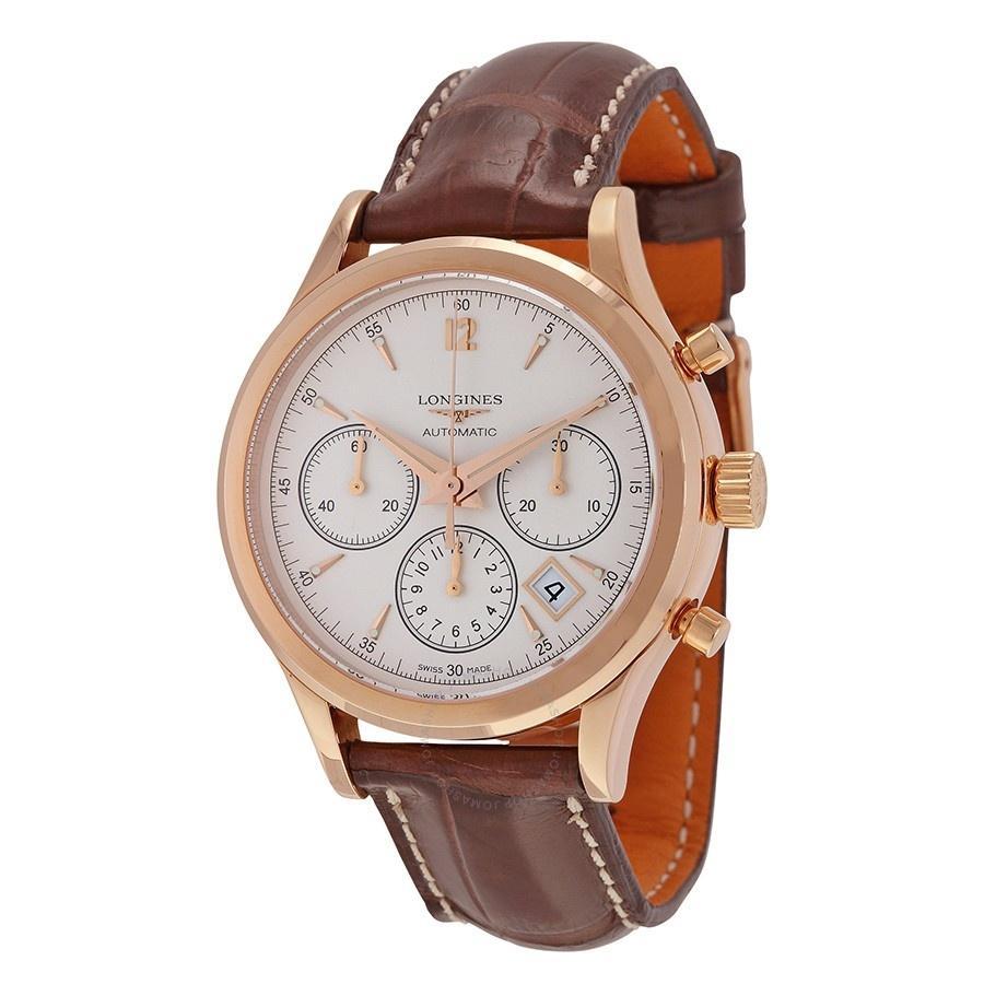 Longines Men&#39;s L27508762 Heritage 18kt Rose Gold Chronograph Automatic Brown Leather Watch
