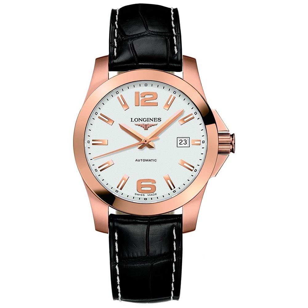 Longines Men&#39;s L36768763 Conquest 18kt Rose Gold Automatic Black Leather Watch