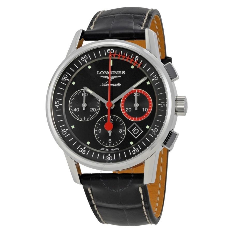 Longines Men&#39;s L47544524 Heritage Chronograph Automatic Black Leather Watch
