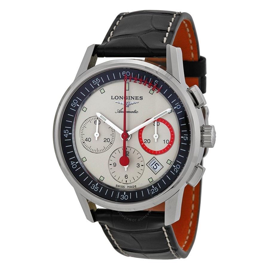 Longines Men&#39;s L47544724 Heritage Column Wheel Chronograph Automatic Black Leather Watch