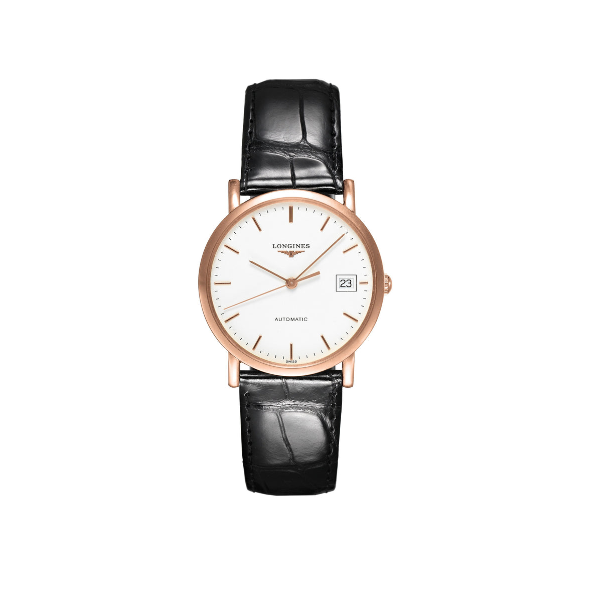 Longines Women&#39;s L47788120 Elegant 18kt Pink Gold Automatic Black Leather Watch
