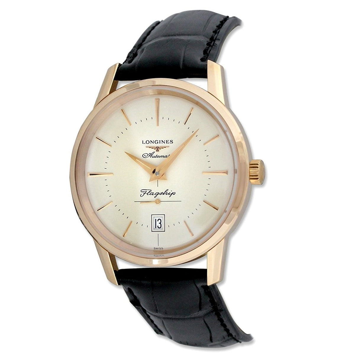 Longines Men&#39;s L47958782 18kt Rose Gold Automatic Black Leather Watch