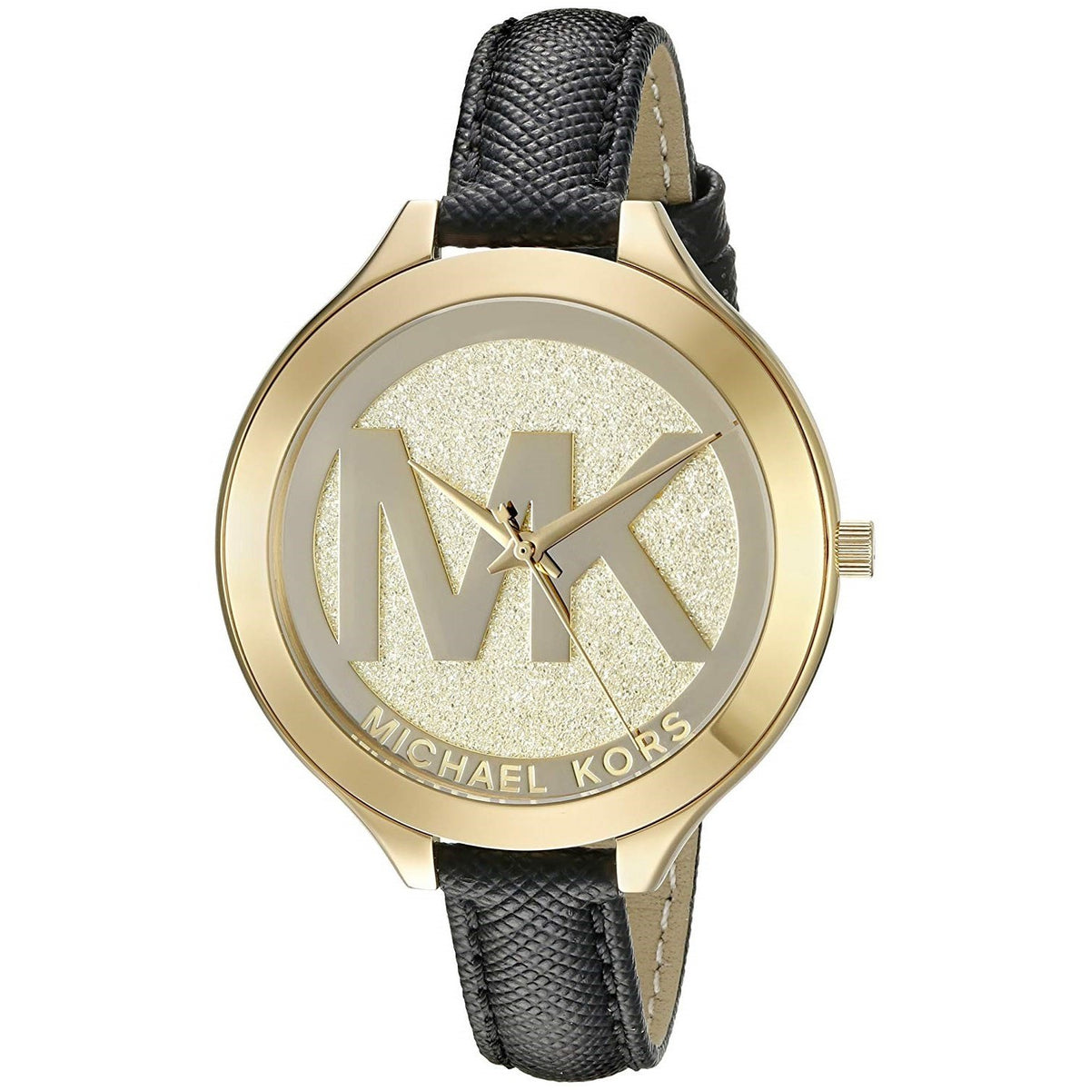 Michael Kors Women's MK2392 Slim Runway Pave Crystal MK Logo Black Leather Watch