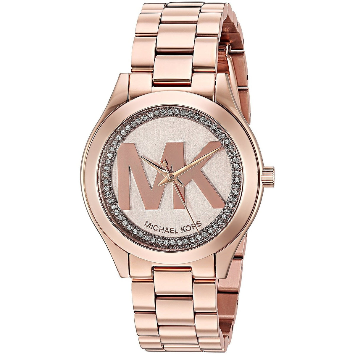 Michael Kors Women&#39;s MK3549 Mini Slim Runway Crystal MK Logo Rose-Tone Stainless Steel Watch