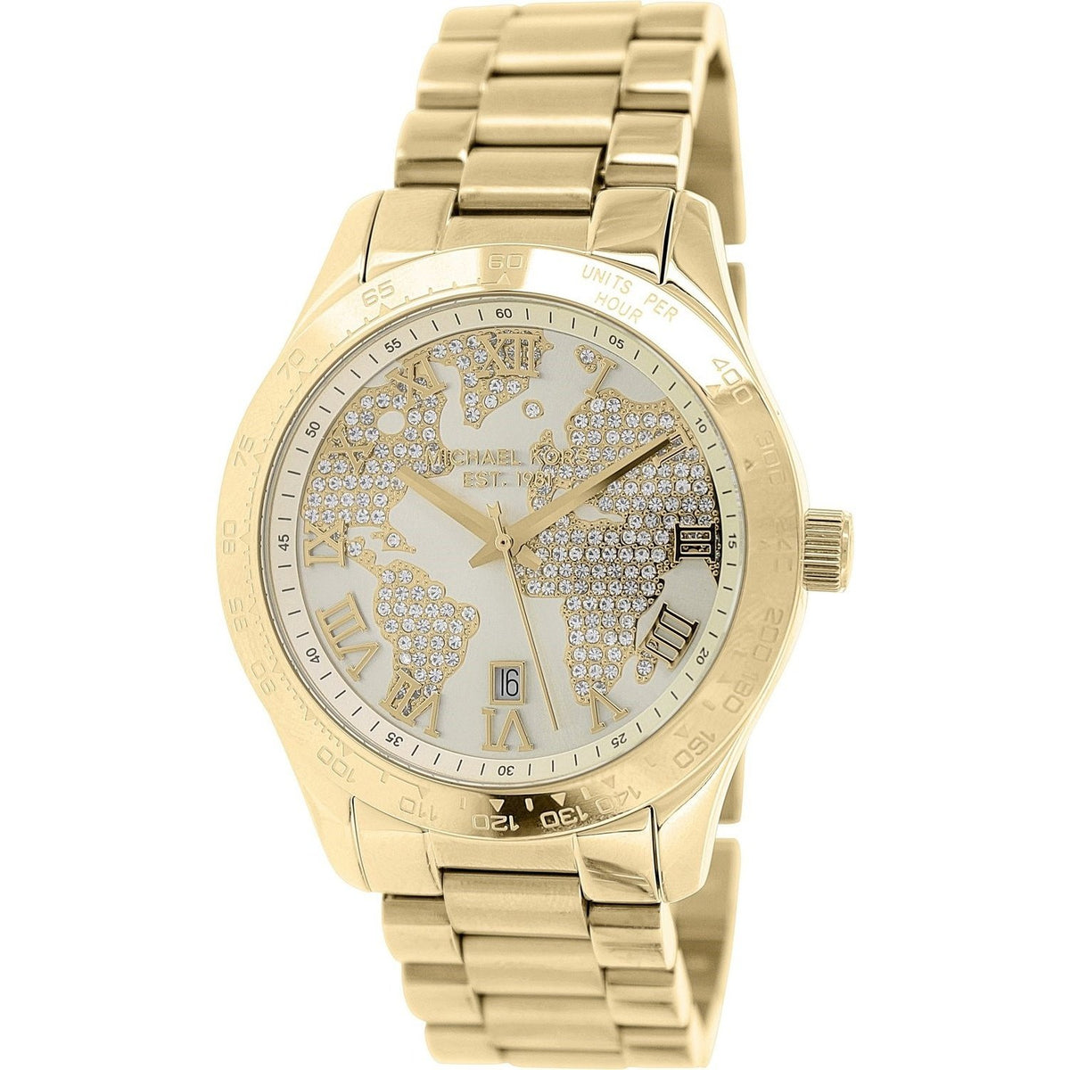 Michael Kors Women&#39;s MK5959 Layton Crystal Map Gold-Tone Stainless Steel Watch