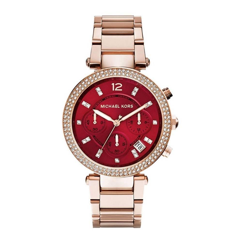 Michael Kors Women&#39;s MK6106 Parker Crystal, Chronograph Rose-Tone Stainless Steel Watch