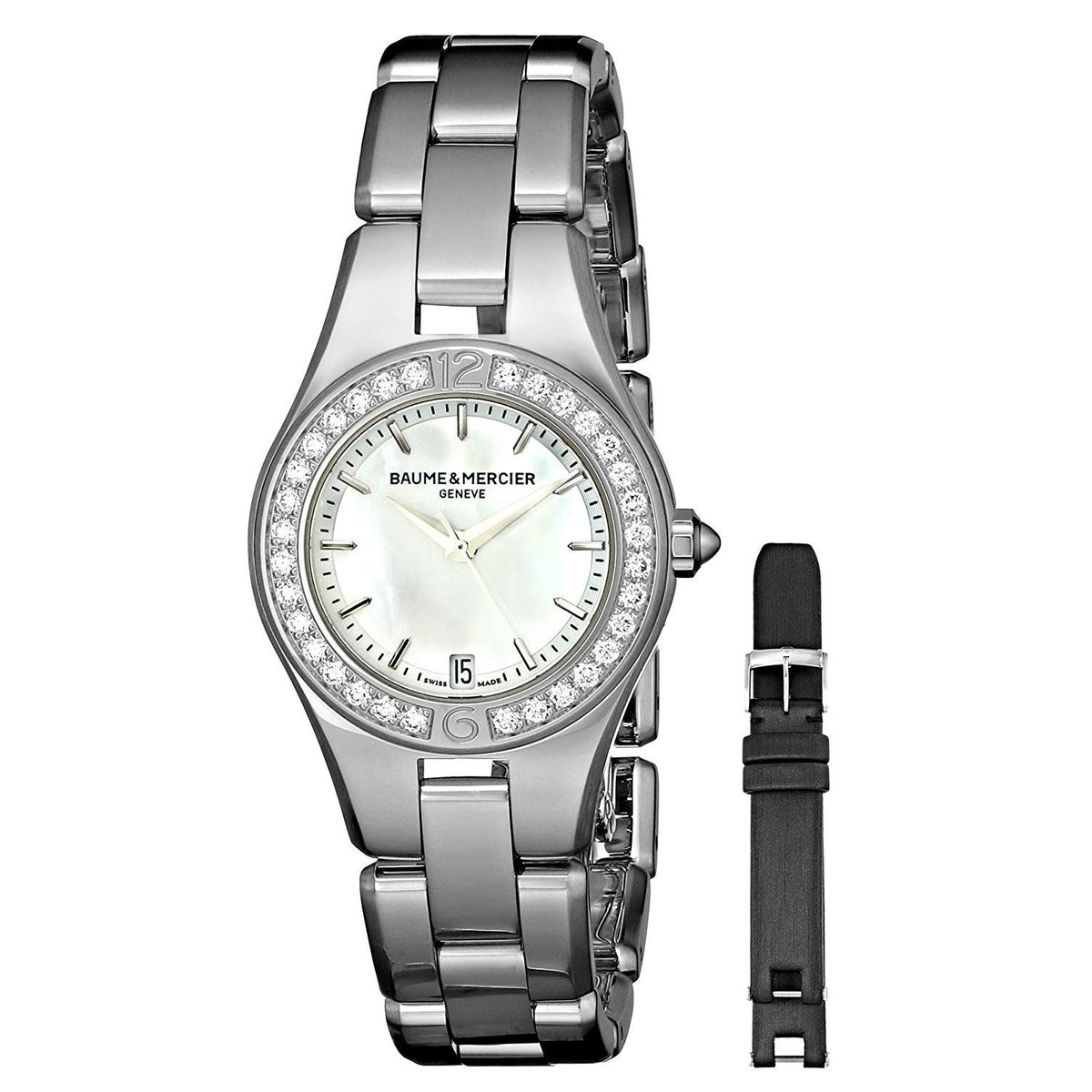 Baume & Mercier Women's MOA10013 Linea Extra Leather Black Strap Diamond Stainless Steel Watch