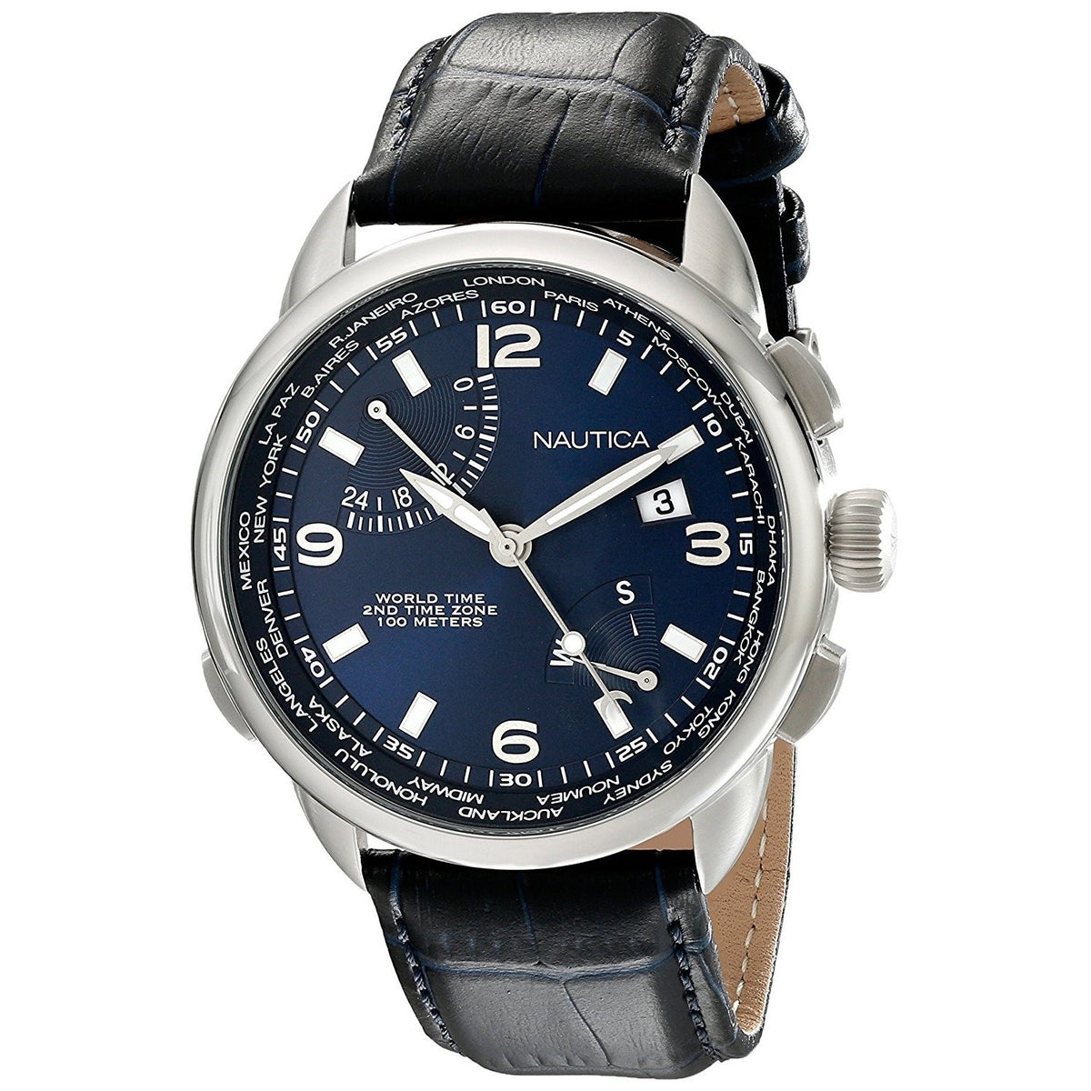 Nautica Men&#39;s NAD19507G NWT World Time Black Leather Watch