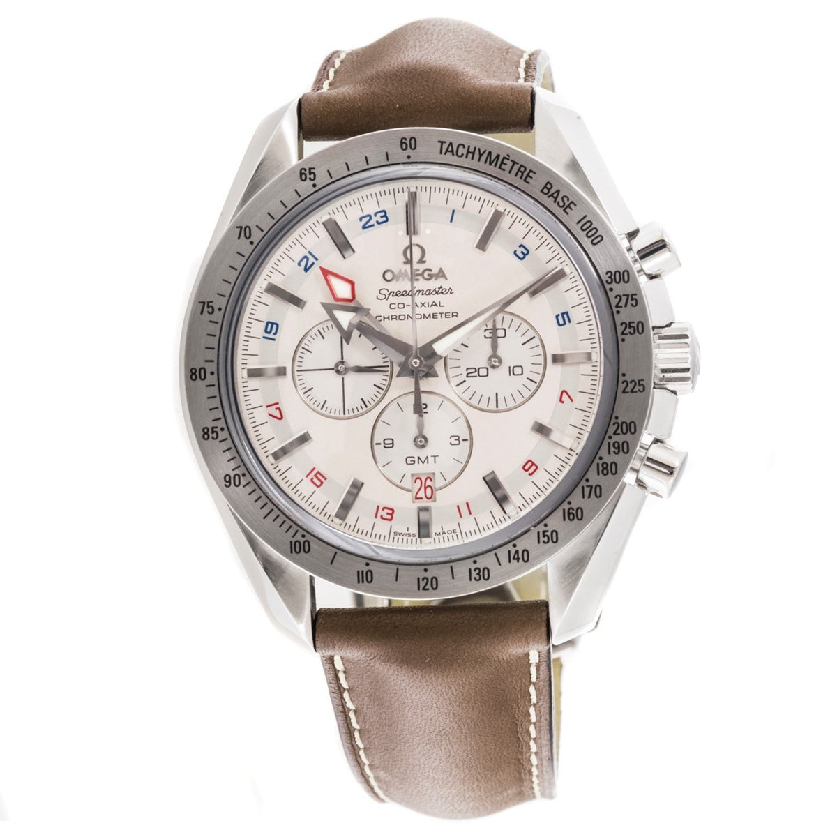 Omega Men&#39;s O38813037 Speedmaster Broad Arrow GMT Chronometer Chronograph Automatic Brown Leather Watch