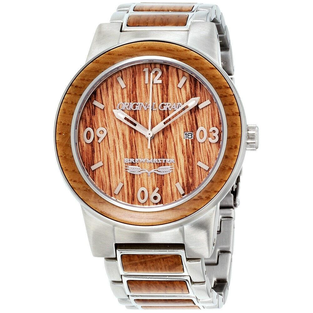 Original Grain Men's OG-10-009-BRWMST Brewmaster Barrel Two-Tone Stainless Steel with Wood Inlay Watch
