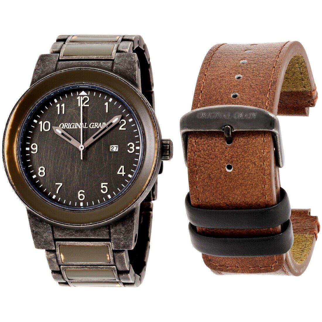 Original Grain Men's OG-10-MILSTW Military Barrel Bravo Two-Tone Wood and Stainless Steel Watch