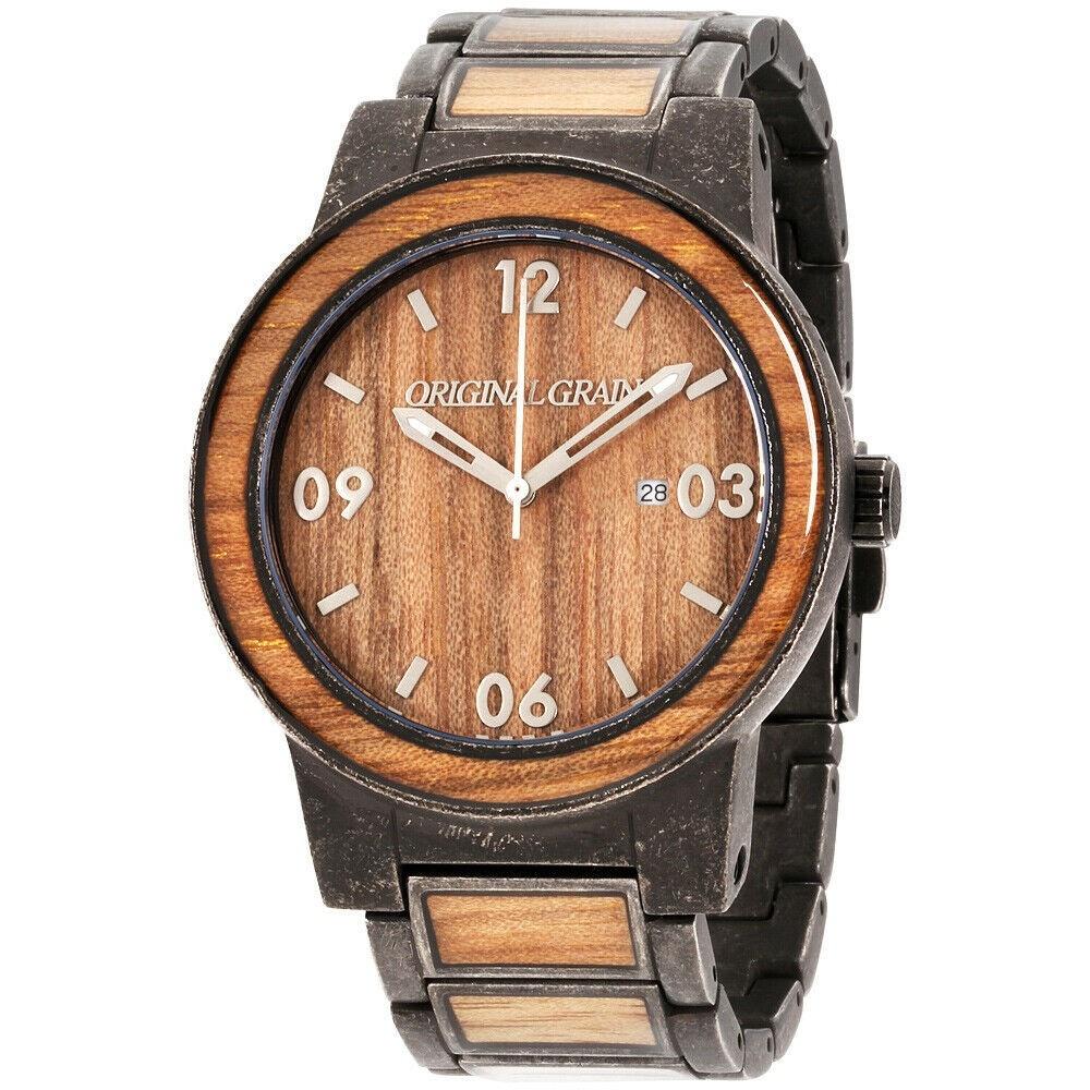 Original Grain Men&#39;s OG-10-SW-1 Koa Stonewashed Barrel Two-Tone Stainless Steel with Wood Inlay Watch