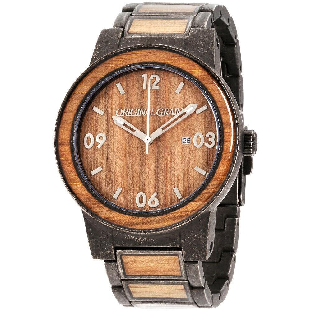 Original Grain Men's OG-10-SW-1 Koa Stonewashed Barrel Two-Tone Stainless Steel with Wood Inlay Watch