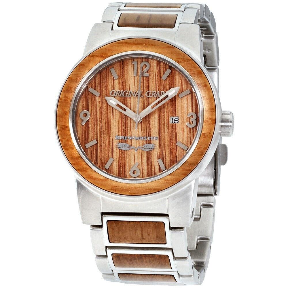 Original Grain Men's OG-11-BMQ Brewmaster Barrel Two-Tone Stainless Steel with Wood Inlay Watch