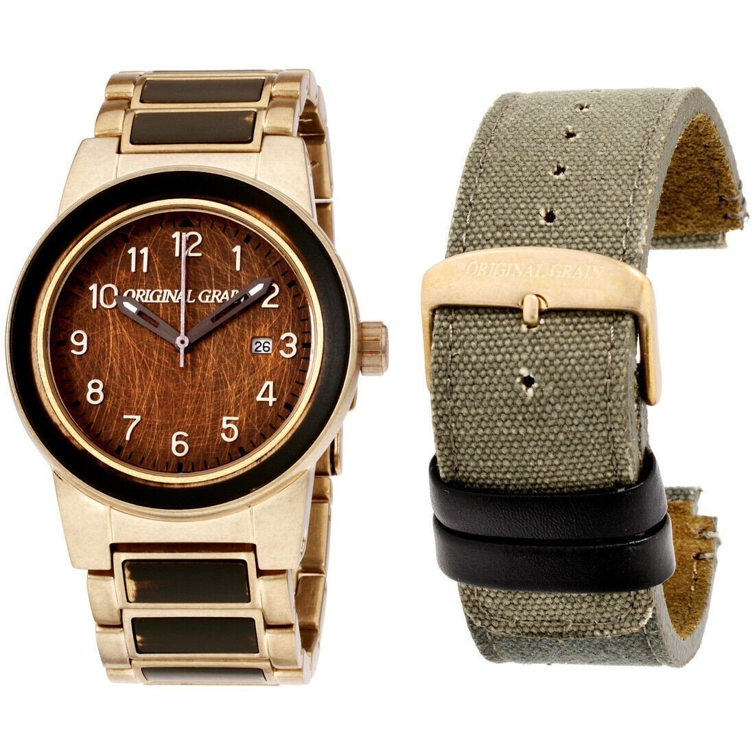 Original Grain Men&#39;s OG-11-MIL-GLD Military Barrel Bravo Two-Tone Stainless Steel with Wood Inlay Watch