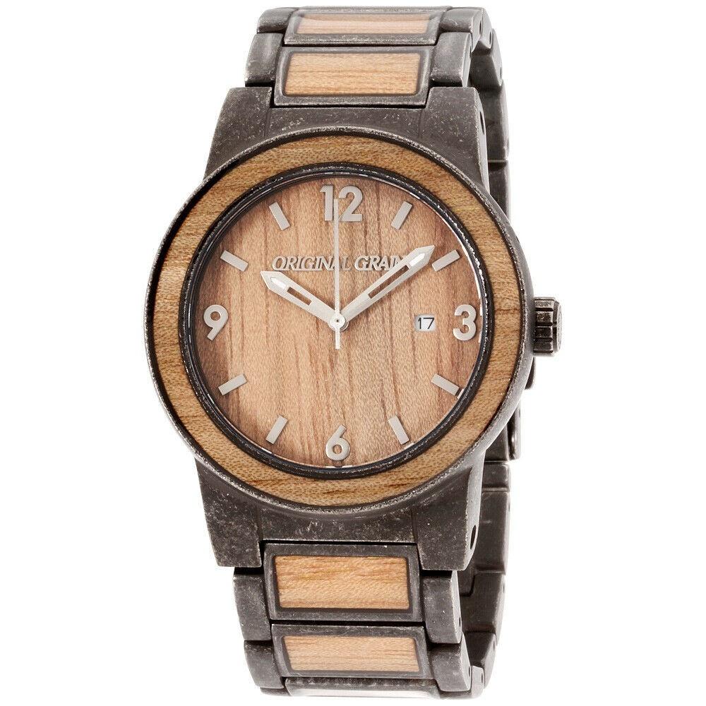 Original Grain Men's OG-11-SW-1 Koa Stonewashed Barrel Two-Tone Stainless Steel with Wood Inlay Watch