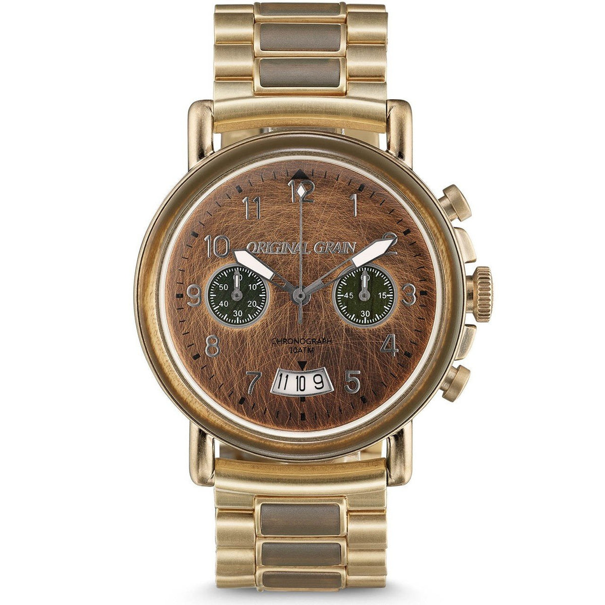 Original Grain Men&#39;s OG-CH-MIL-GLD Military General Chronograph Two-Tone Stainless Steel with Wood Inlay Watch