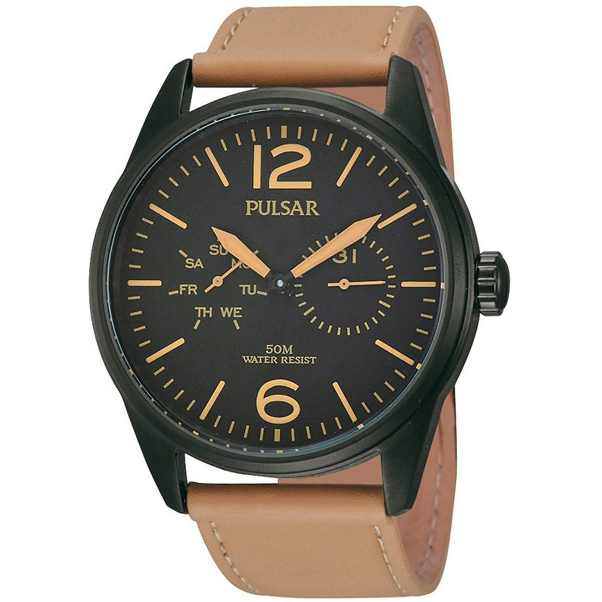 Pulsar Men&#39;s PW5011 Multi-Function Brown Leather Watch