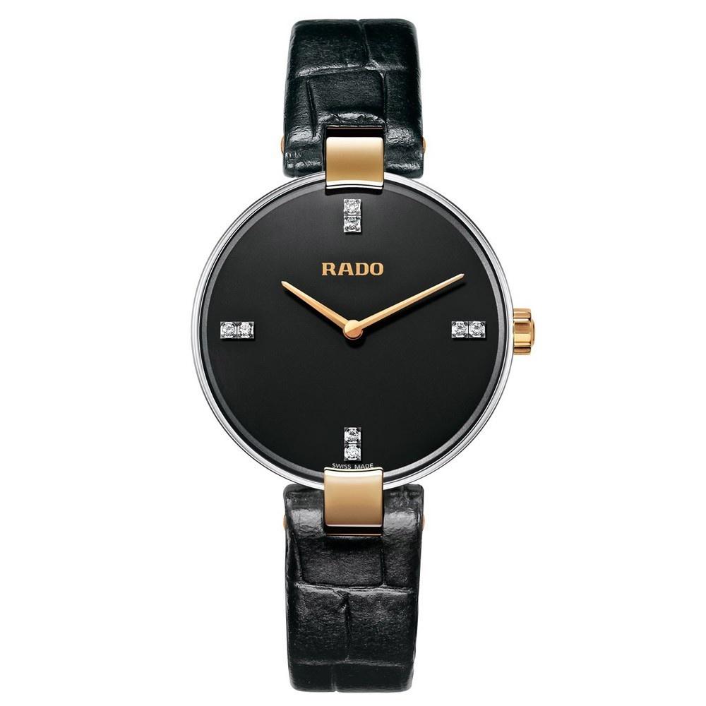 Rado Women&#39;s R22850705 Coupole Diamond Black Leather Watch