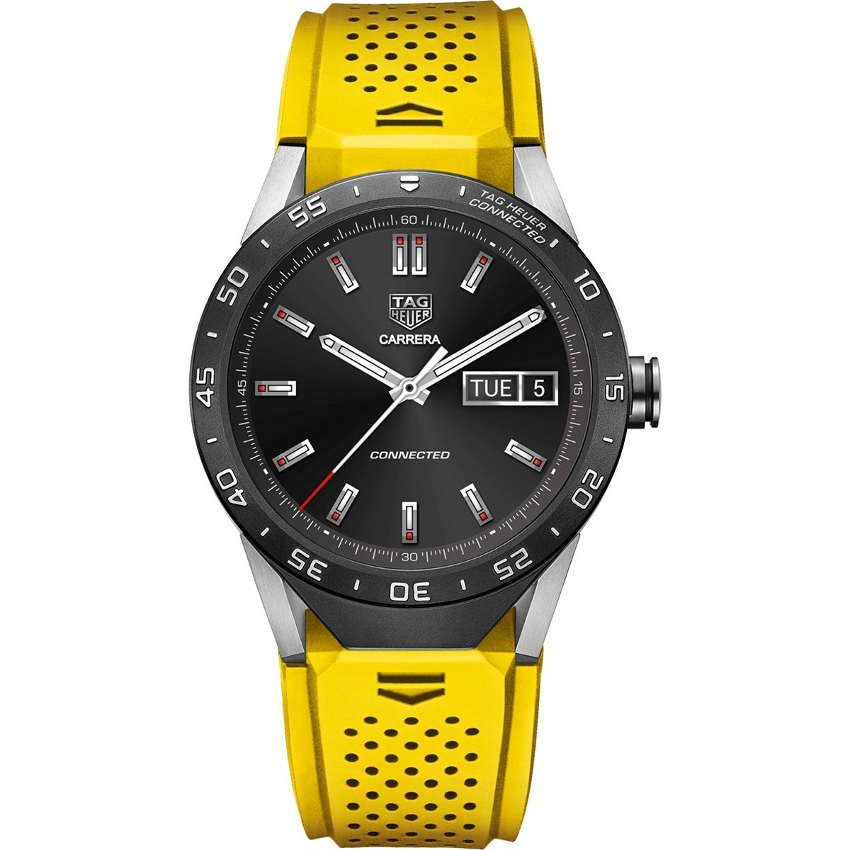 Tag Heuer Men&#39;s SAR8A80.FT6060 Connected Smartwatch Android 4.3+ IOS 8.2+ Bluetooth Gyroscope sensor Haptic engine Microphone Yellow Rubber Watch