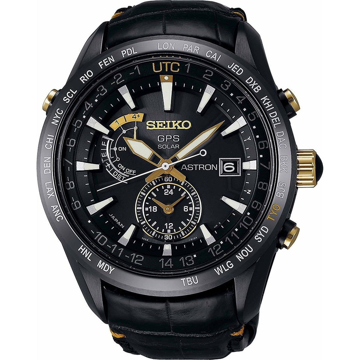Seiko Men&#39;s SAST100 Astron GPS Solar Limited Edition World Time Black Leather Watch
