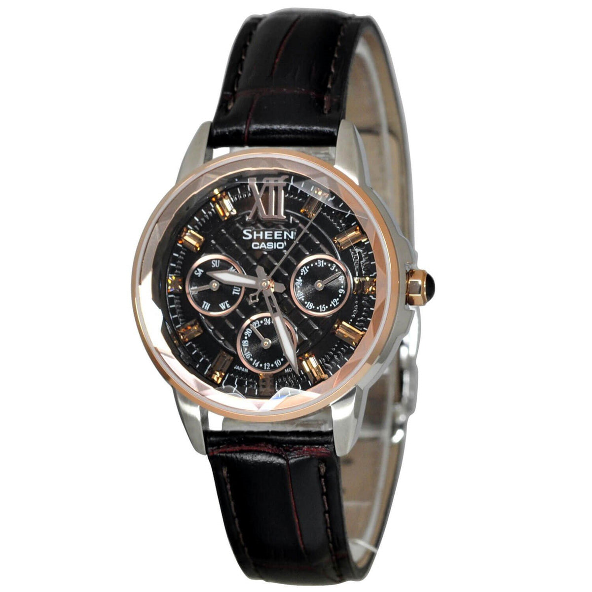Casio Women's SHE3029GL-5A Sheen Black Leather Watch