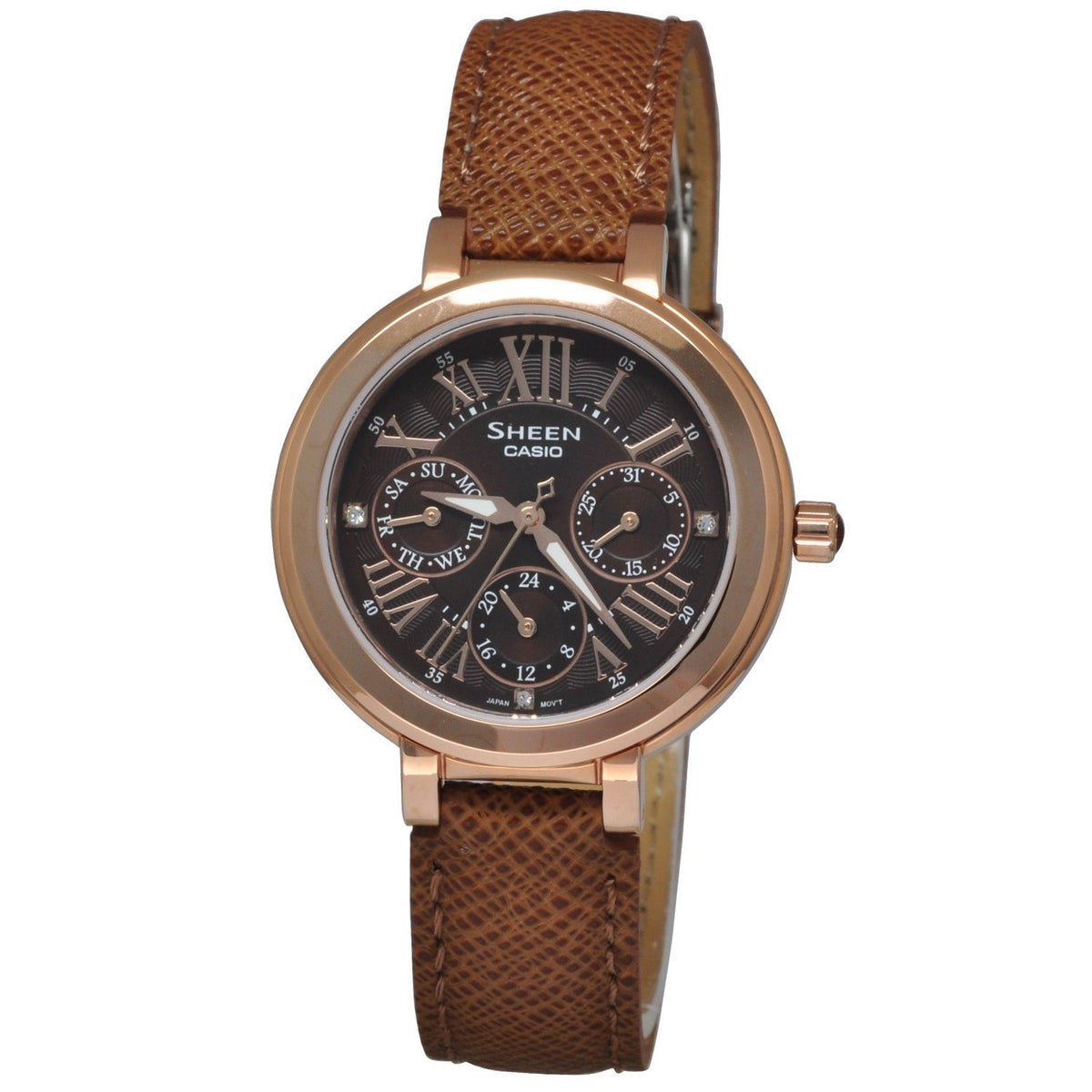 Casio Women's SHE3034GL-5A Sheen Crystal Brown Leather Watch