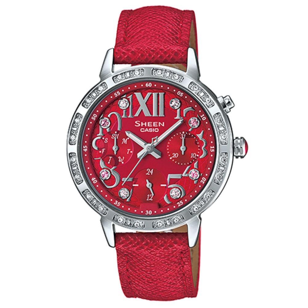 Casio Women's SHE3036L-4A Sheen Crystal Red Leather Watch