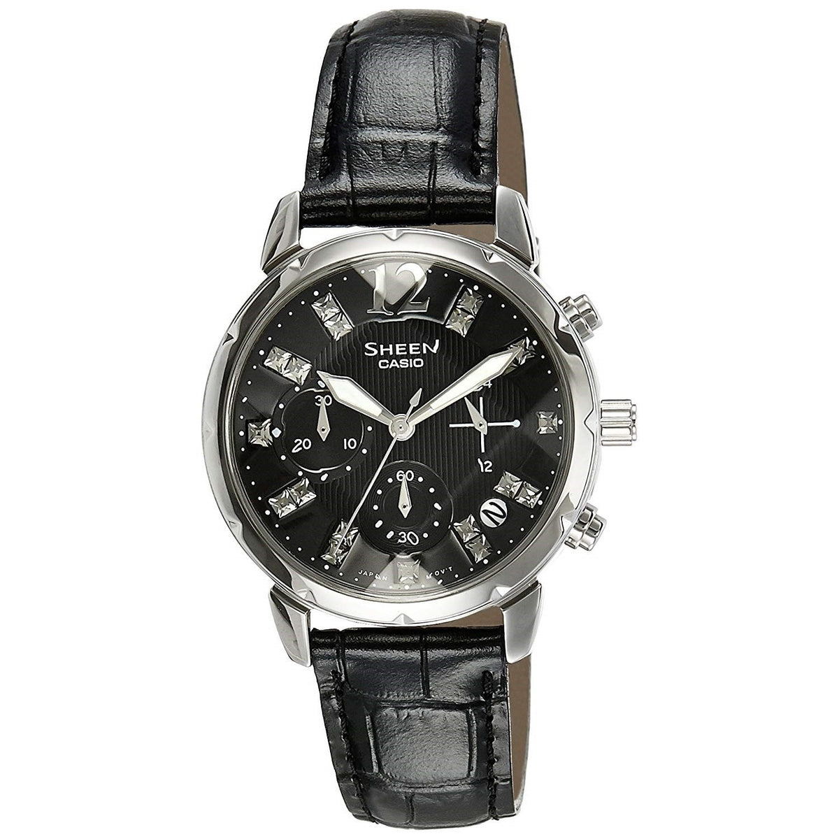Casio Women's SHN5010L-1A Sheen Chronograph, Crystal Black Leather Watch