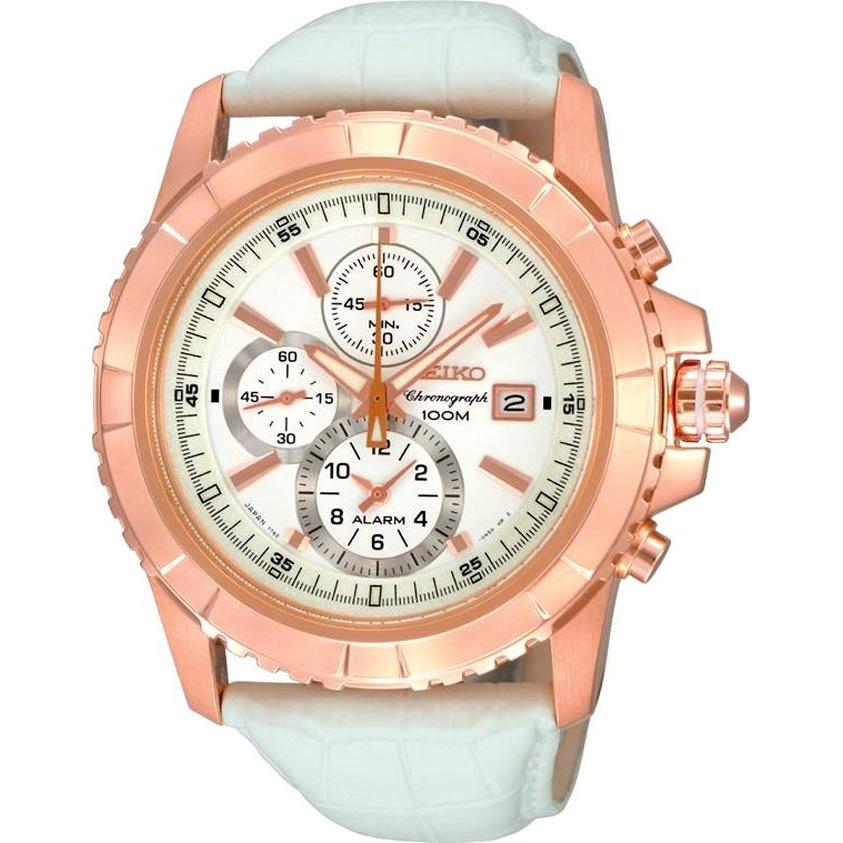 Seiko Men&#39;s SNAE12 Alarm Chronograph White Leather Watch