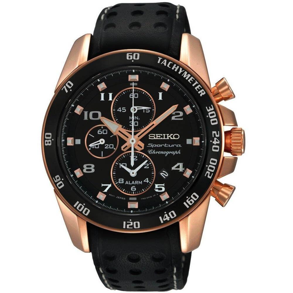 Seiko Men's SNAE80 Sportura Chronograph Black Leather Watch