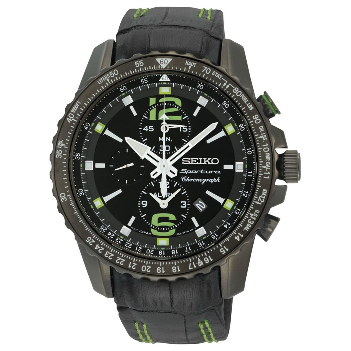 Seiko Men's SNAE97 Sportura Chronograph Black Leather Watch