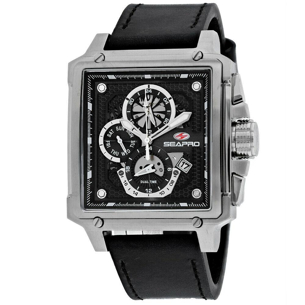 Seapro Men&#39;s SP0111 Dual Timer Dual Timer Black Leather Watch