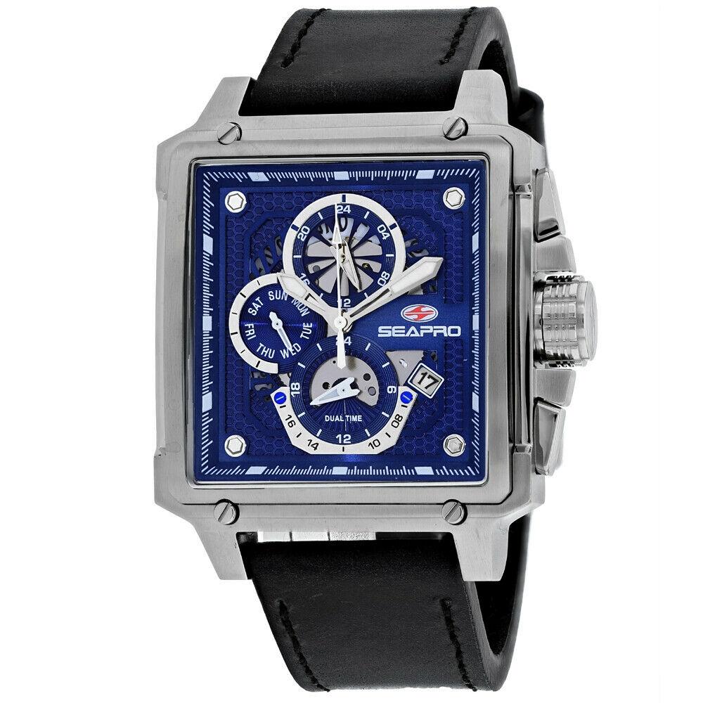 Seapro Men&#39;s SP0112 Dual Timer Dual Timer Black Leather Watch