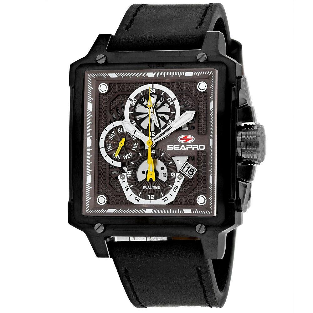 Seapro Men&#39;s SP0114 Dual Timer Dual Timer Black Leather Watch