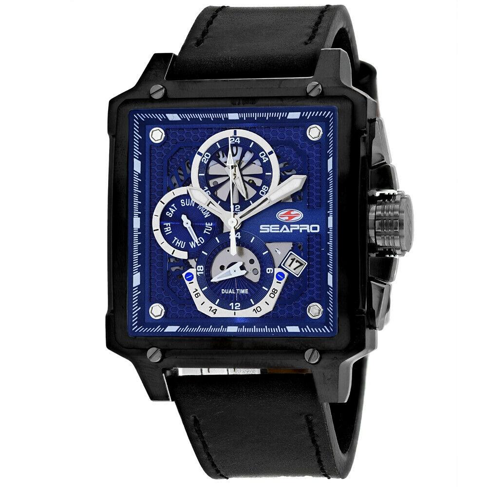 Seapro Men&#39;s SP0115 Dual Timer Dual Timer Black Leather Watch