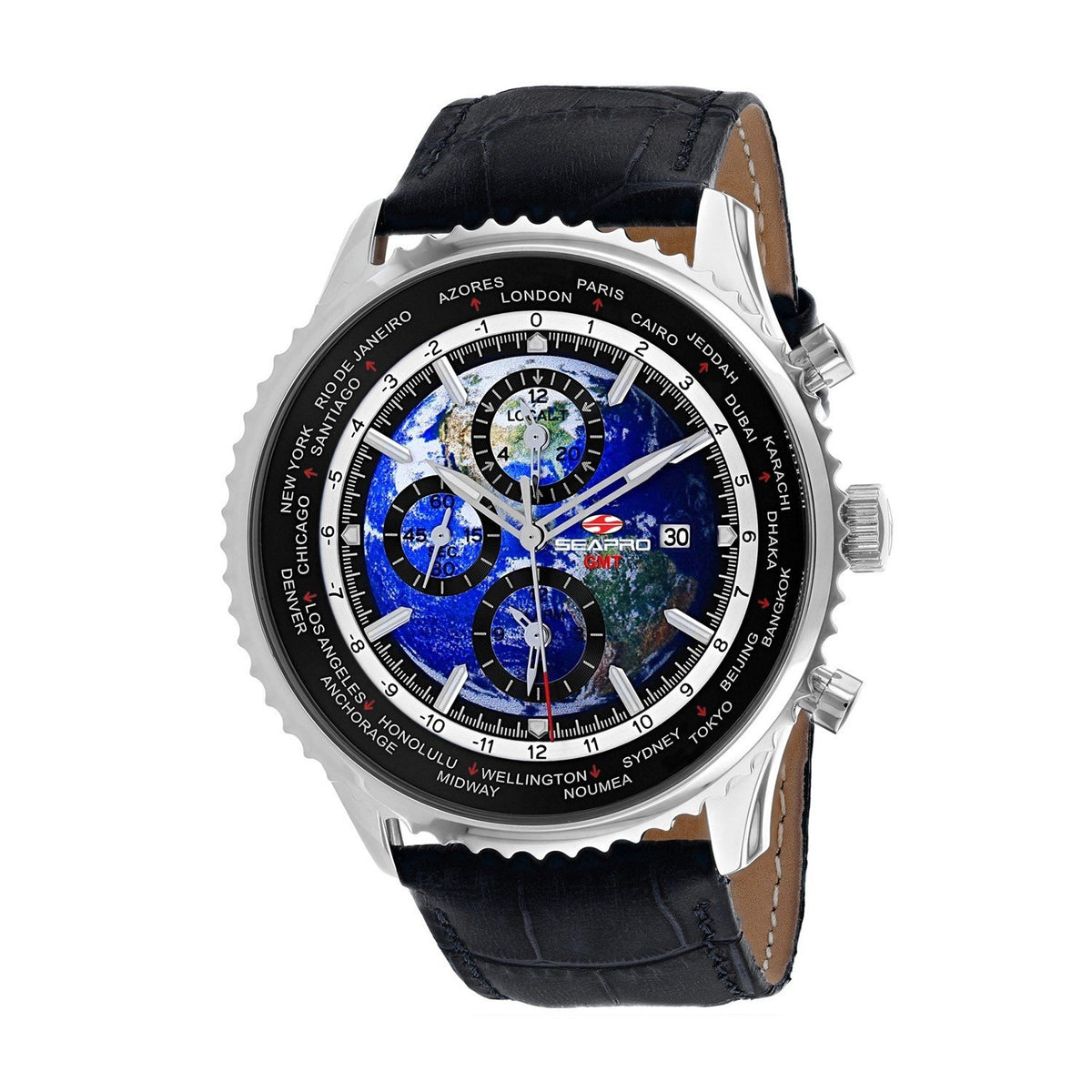 Seapro Men's SP7130 Meridian World Timer GMT Chronograph Black Leather Watch