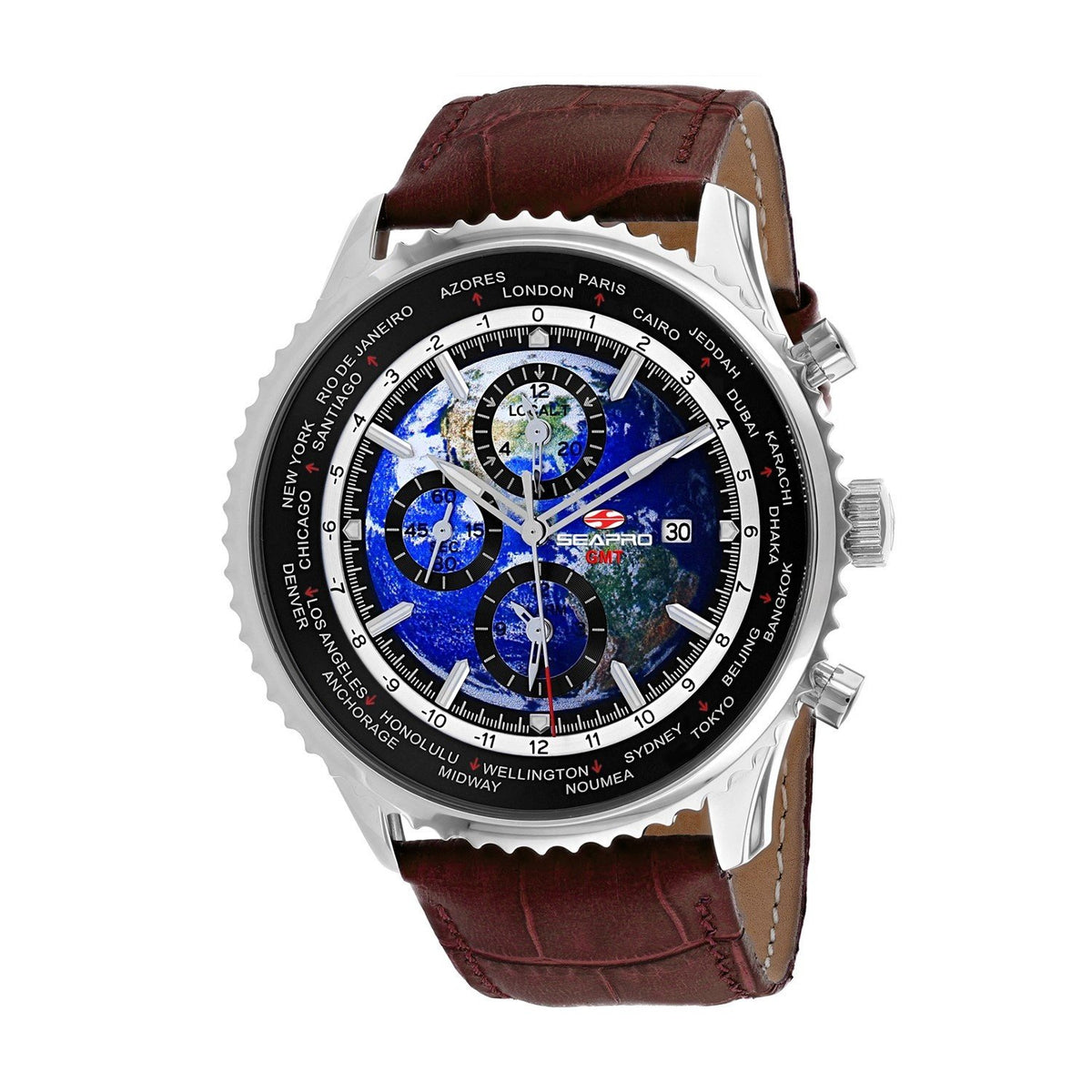 Seapro Men's SP7131 Meridian World Timer GMT Chronograph Brown Leather Watch
