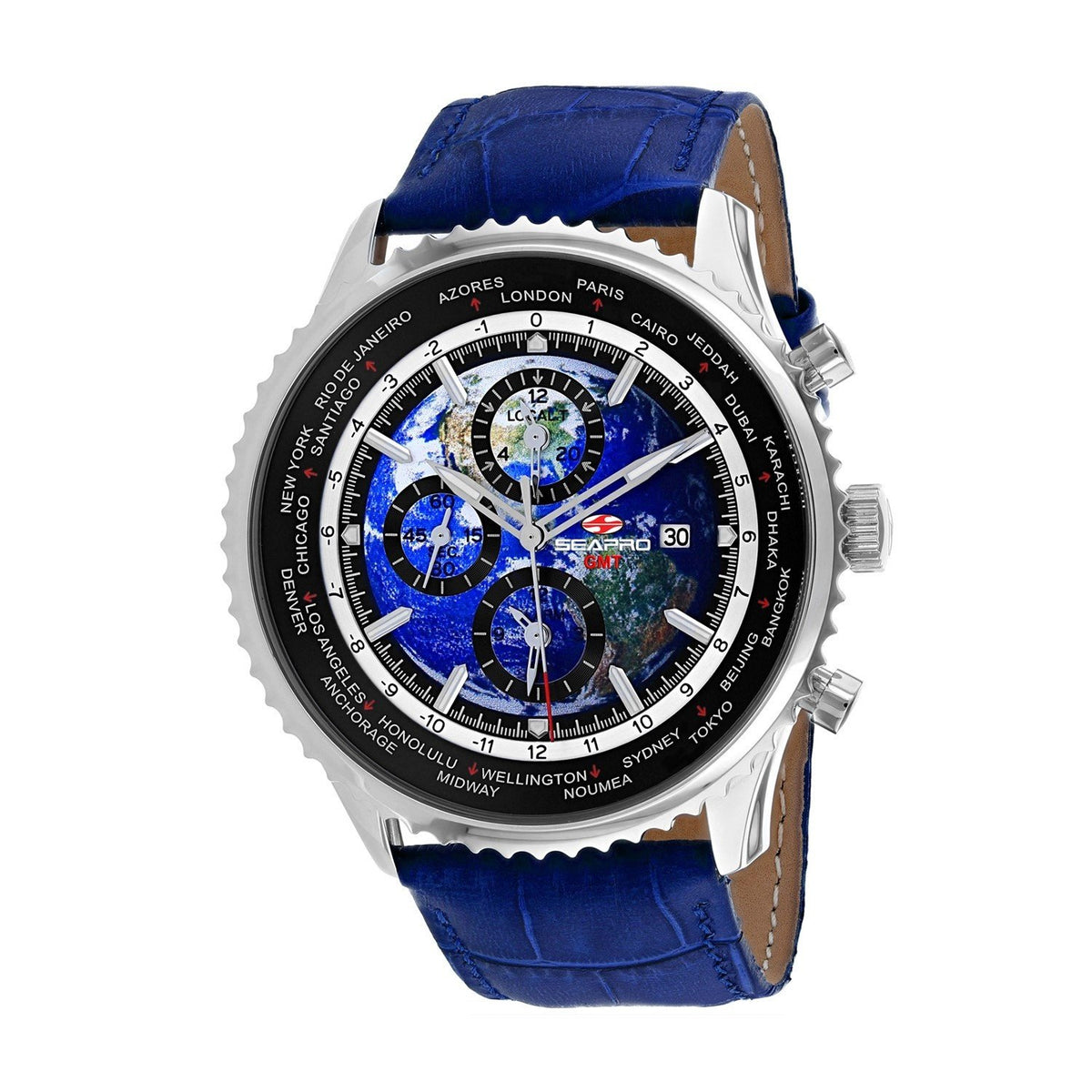 Seapro Men's SP7132 Meridian World Timer GMT Chronograph Blue Leather Watch