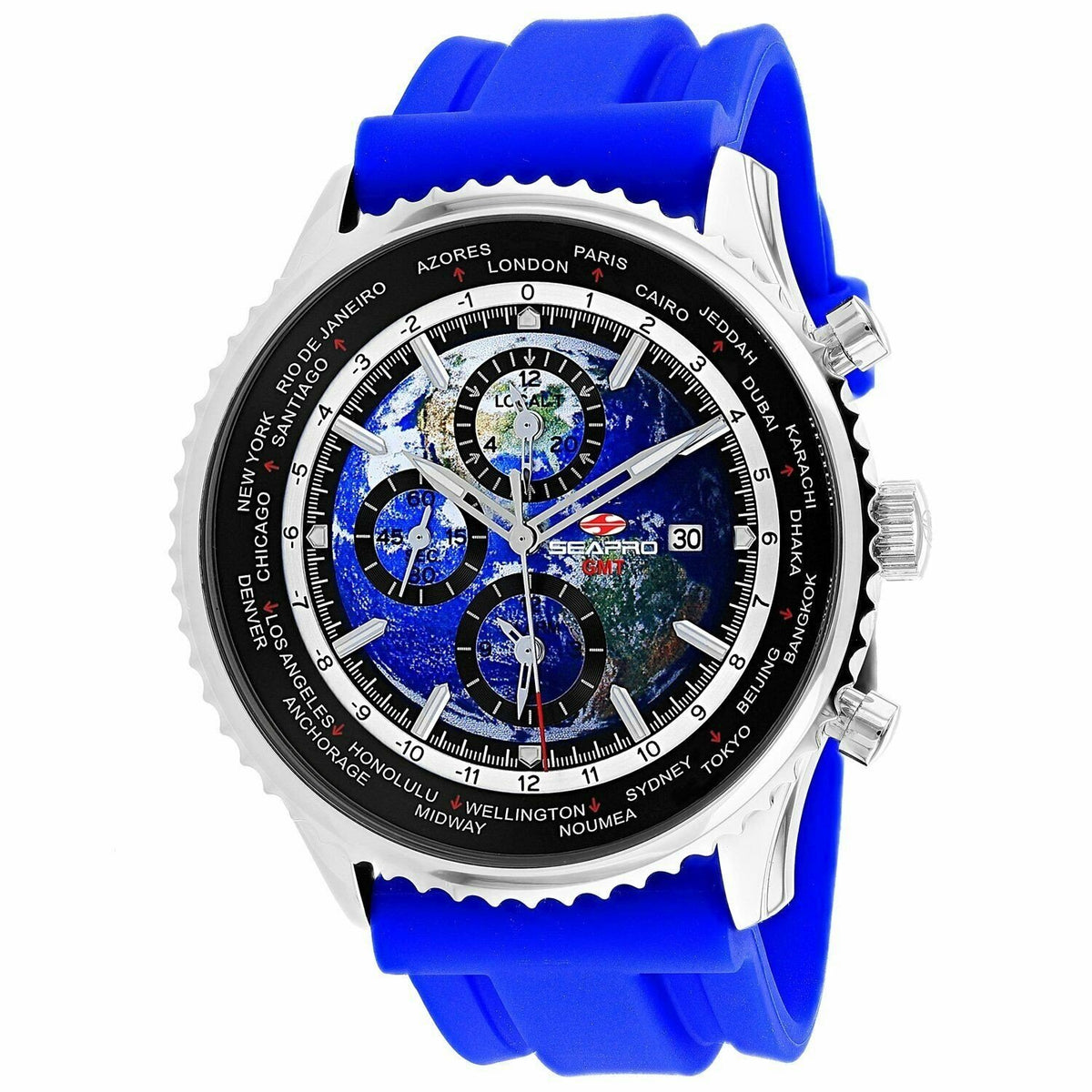 Seapro Men&#39;s SP7133RB Meridian World Timer GMT Chronograph Blue Silicone Watch