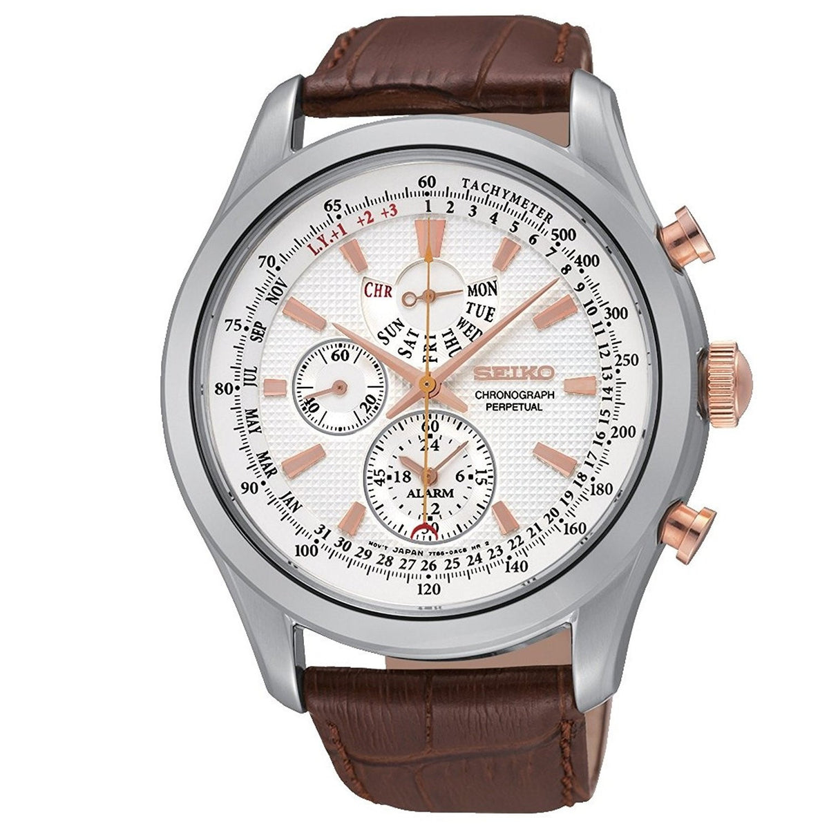 Seiko Men&#39;s SPC129 Neo Chronograph Alarm Perpetual Brown Leather Watch
