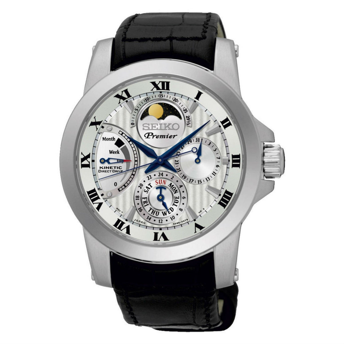 Seiko Men's SRX011P2 Premier Moon Phase Indicator Black Leather Watch